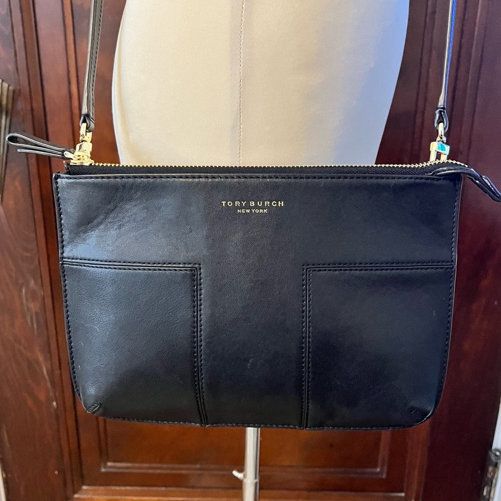 Tory Burch T-Block black shoulder/crossbody bag - brass/gold hardware